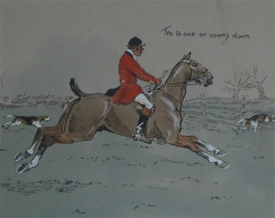 Charles Johnson Payne (Snaffles) a set of four colour prints, Landing His Wager, framed as one, overall 23 x 84cm